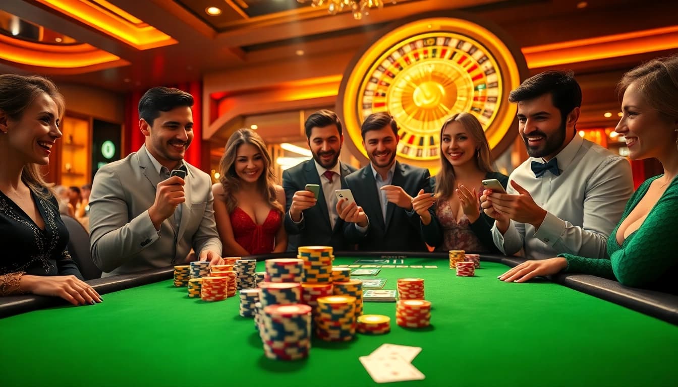Players enjoying a thrilling game at a casino table, promoting Link 8DAY's exciting betting experience.