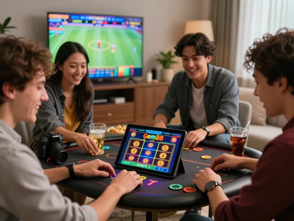 A group enjoying a lively gem88 online gambling experience in a cozy living room with vibrant colors and excitement.