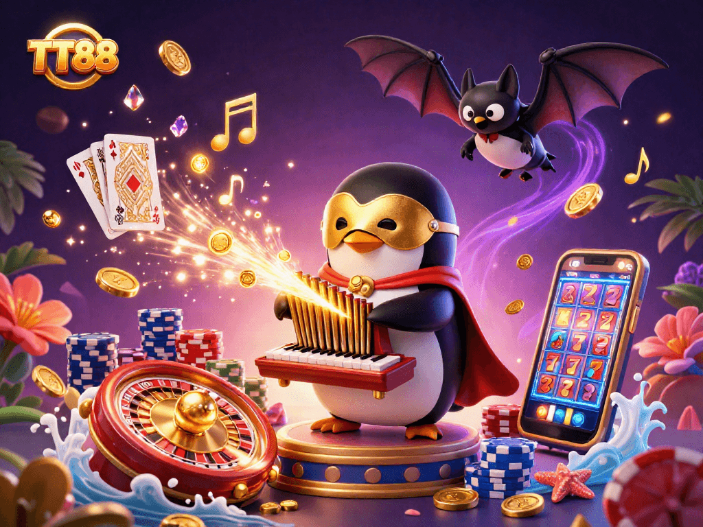Experience TT88 with a penguin organist and acrobat bat in a vibrant casino illustration.