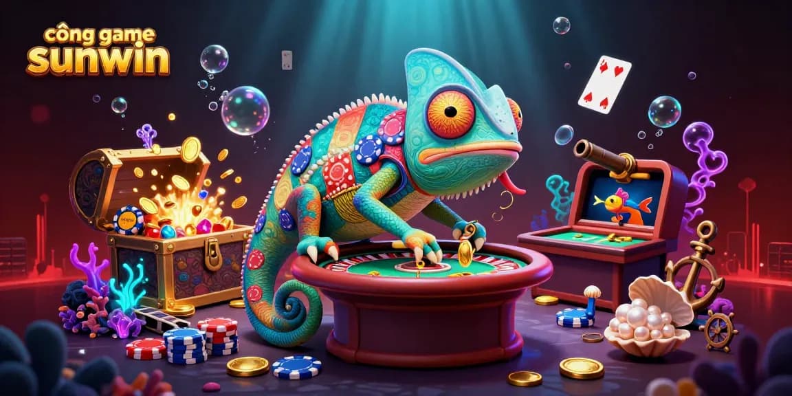 Experience thrilling games at cổng game sunwin with vibrant casino elements and a colorful chameleon owner.