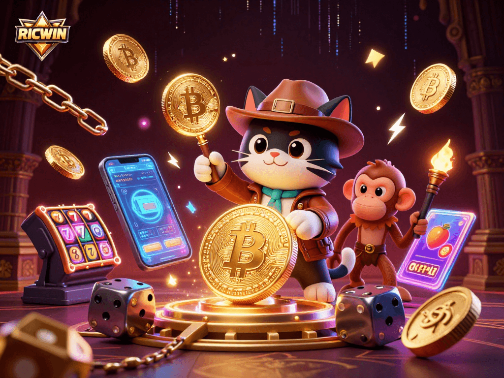 Engage with RICWIN by witnessing a crypto-themed casino adventure featuring an explorer cat and artifacts.