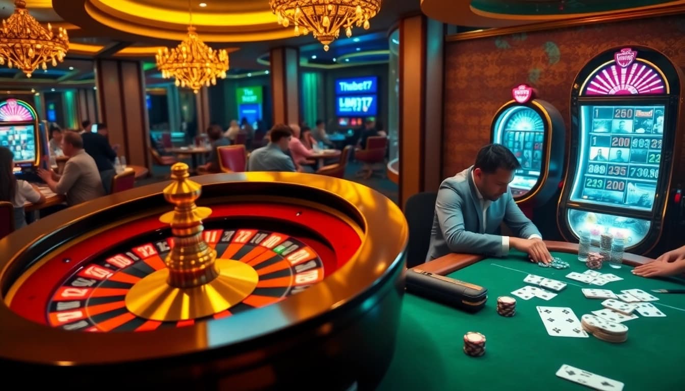 A thrilling scene of a casino featuring Thabet77 with players at a poker table, spinning roulette wheel, and exciting slot machines.