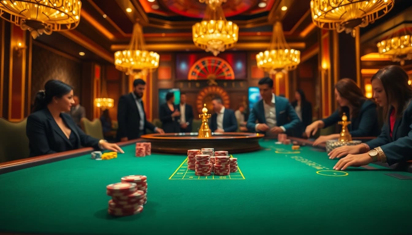 Newphim showcases gamblers enjoying high-stakes action at a luxurious casino table filled with poker chips.