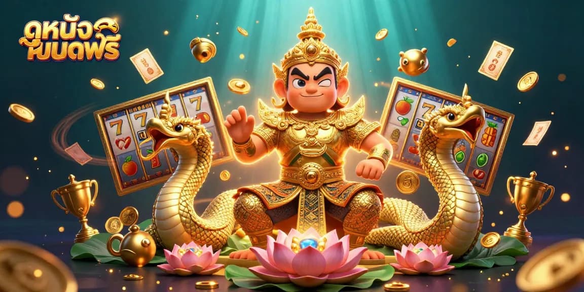 Play exciting ดูหนังออนไลน์ฟรี at a vibrant casino with slot reels and golden treasures.