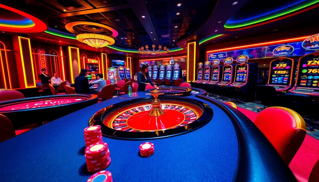 Experience the excitement of 11 WIN at a vibrant casino with roulette and poker action.