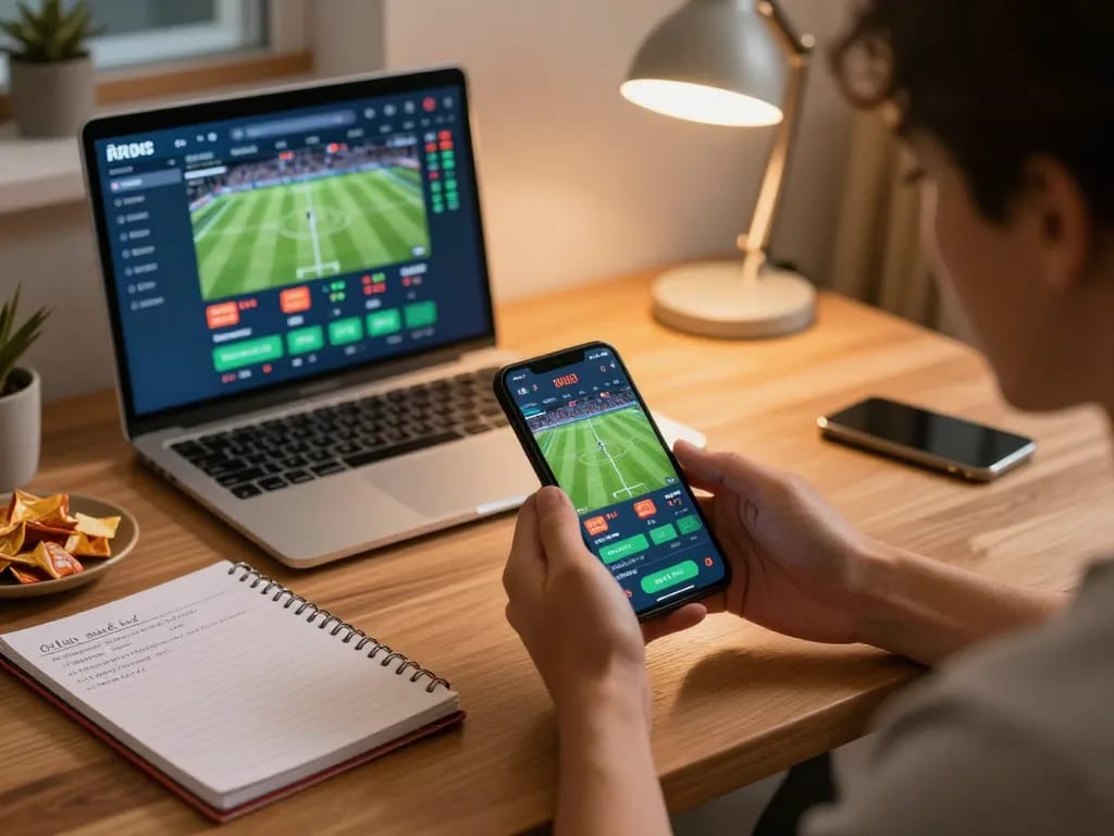 Engaged betting at home; tỷ lệ kèo nhà cái displayed on smartphone screen during live match.