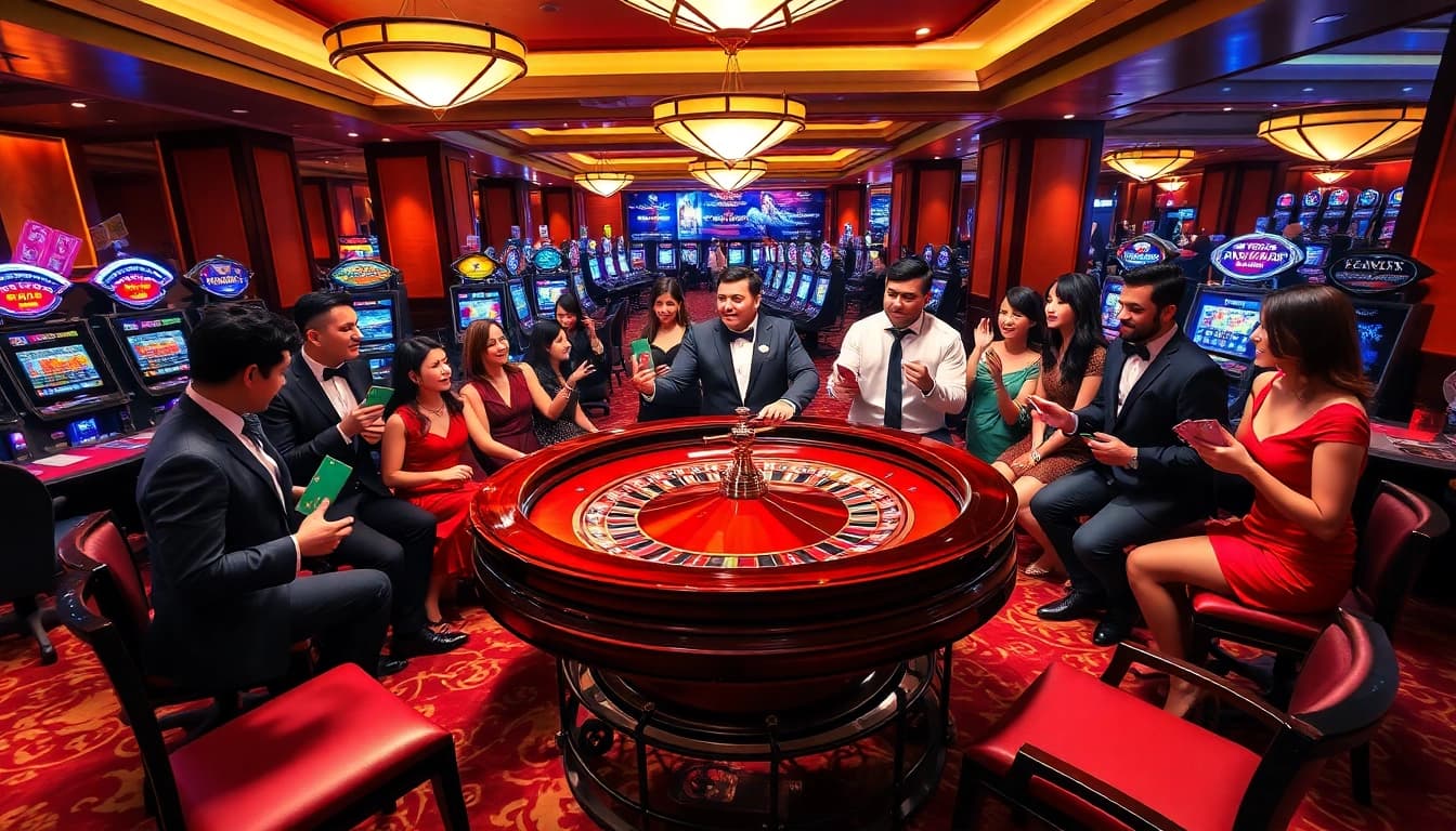 Join the excitement of online gambling at https://www.6rwin33.com/ with a vibrant casino scene filled with players and roulette tables.