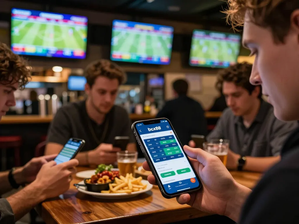 Patrons excitedly using bcx88 app to place bets during live sports matches in vibrant bar.