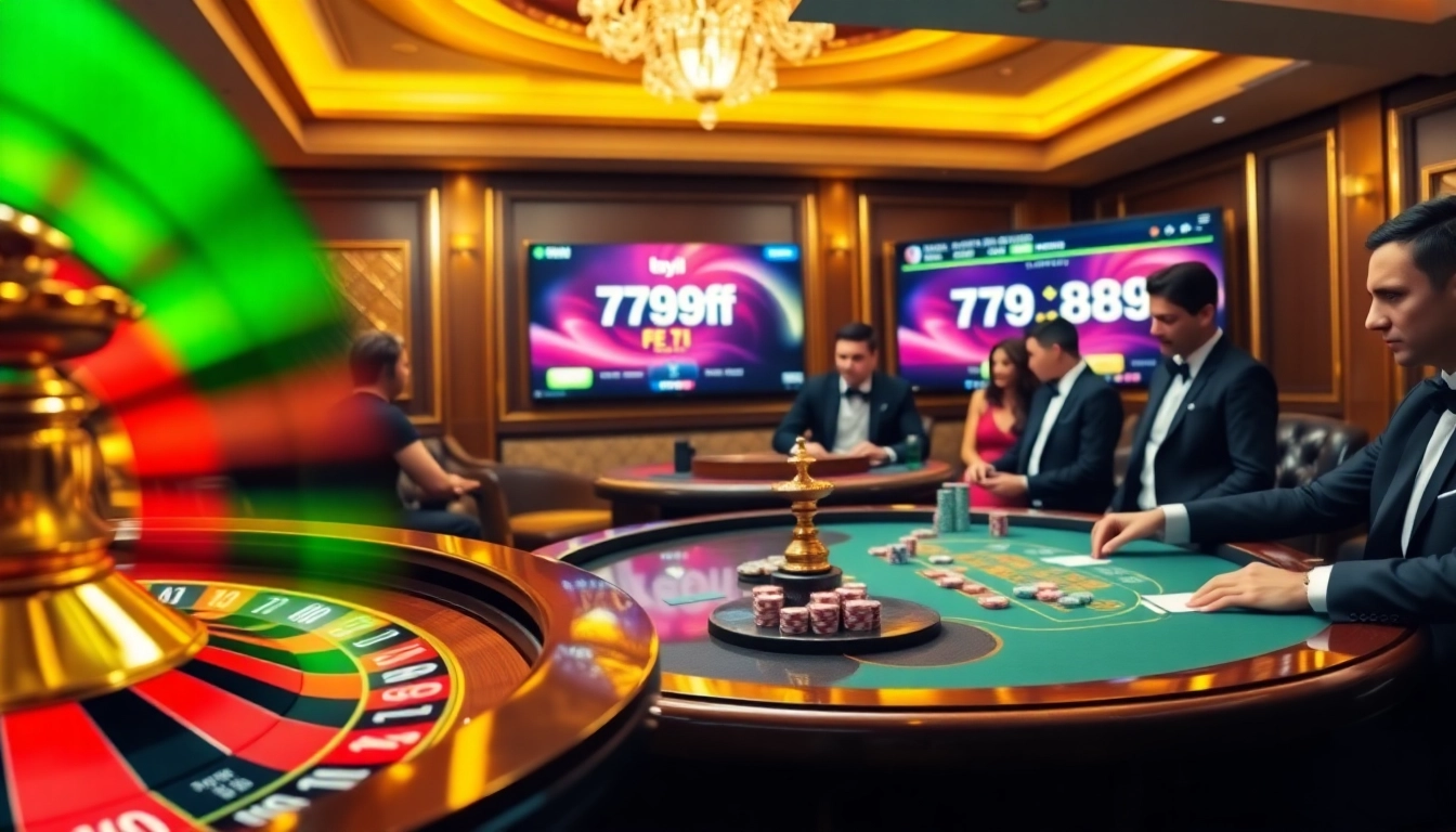Players enjoying an exciting casino experience while engaging with 789f.fyi, featuring roulette and poker tables.