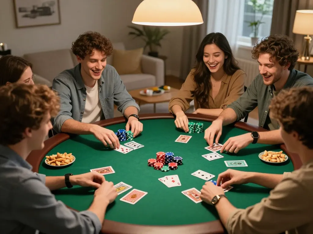 Friends enjoying a poker game night at home with Ai88bet, vibrant chips and cards visible.