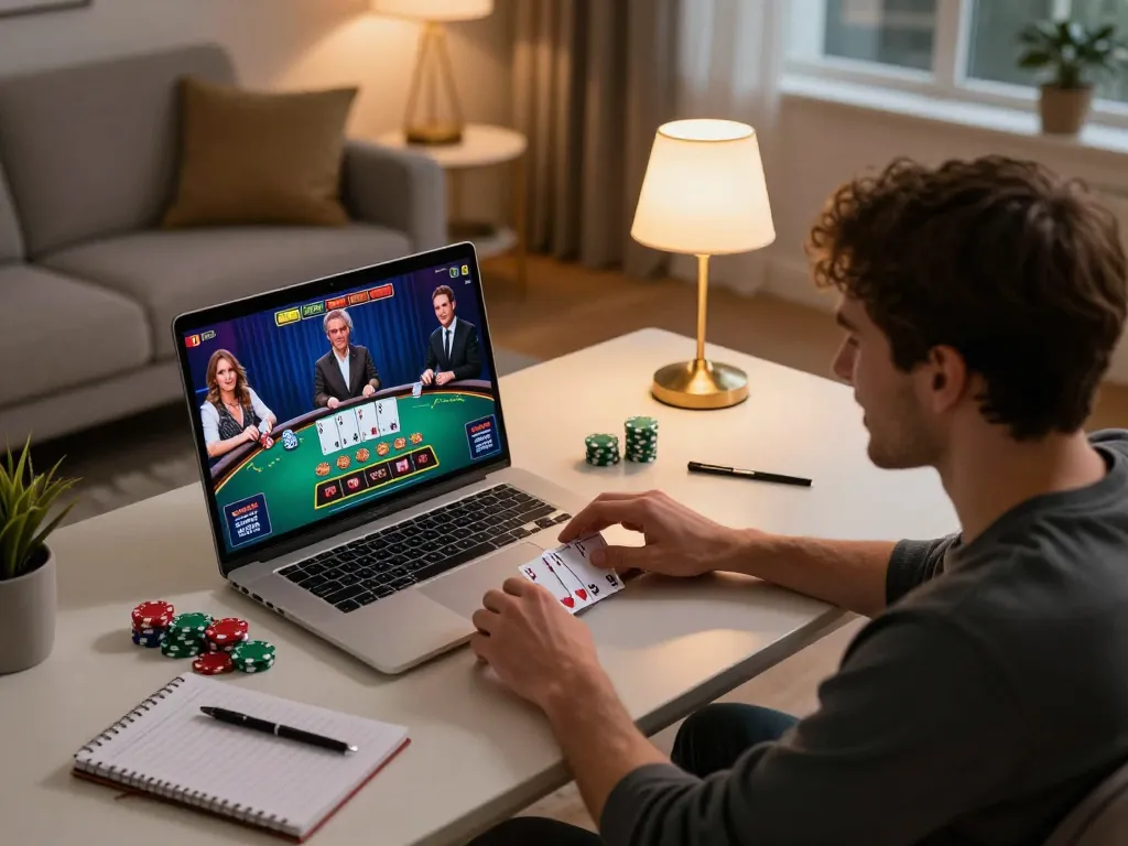 Player enjoying an exciting blackjack game at home using FLY88, engaged in strategic online gambling.