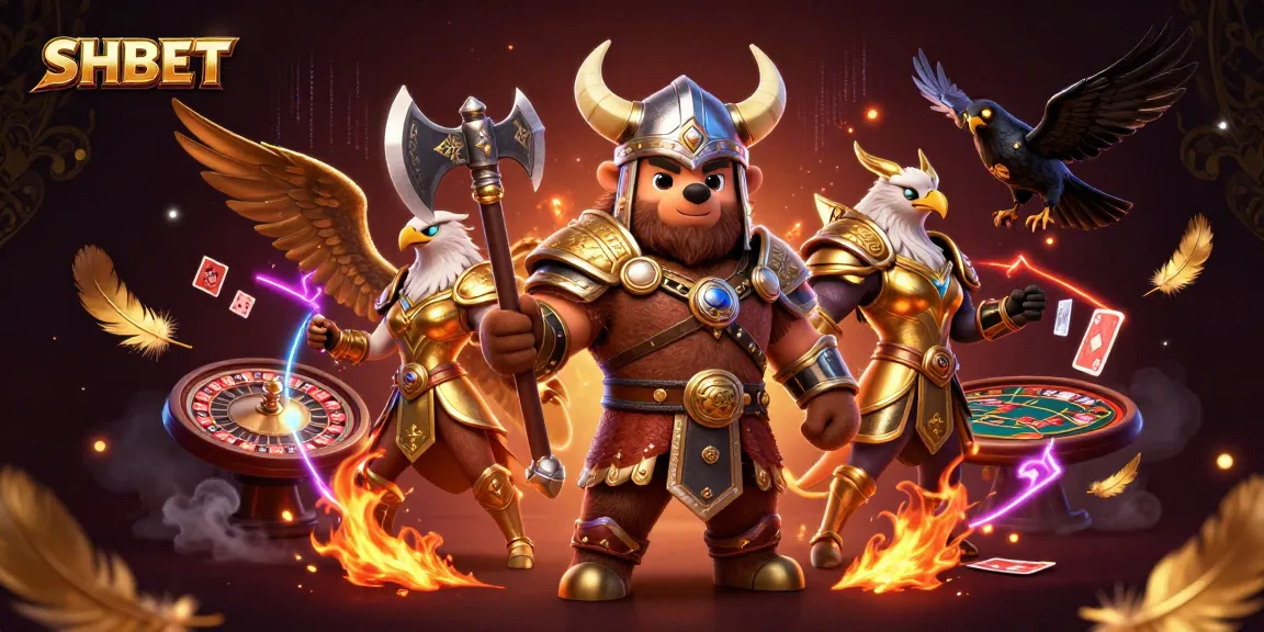 Engage with SHBET in this vibrant casino scene featuring a Viking, Valkyrie, and gameplay elements.