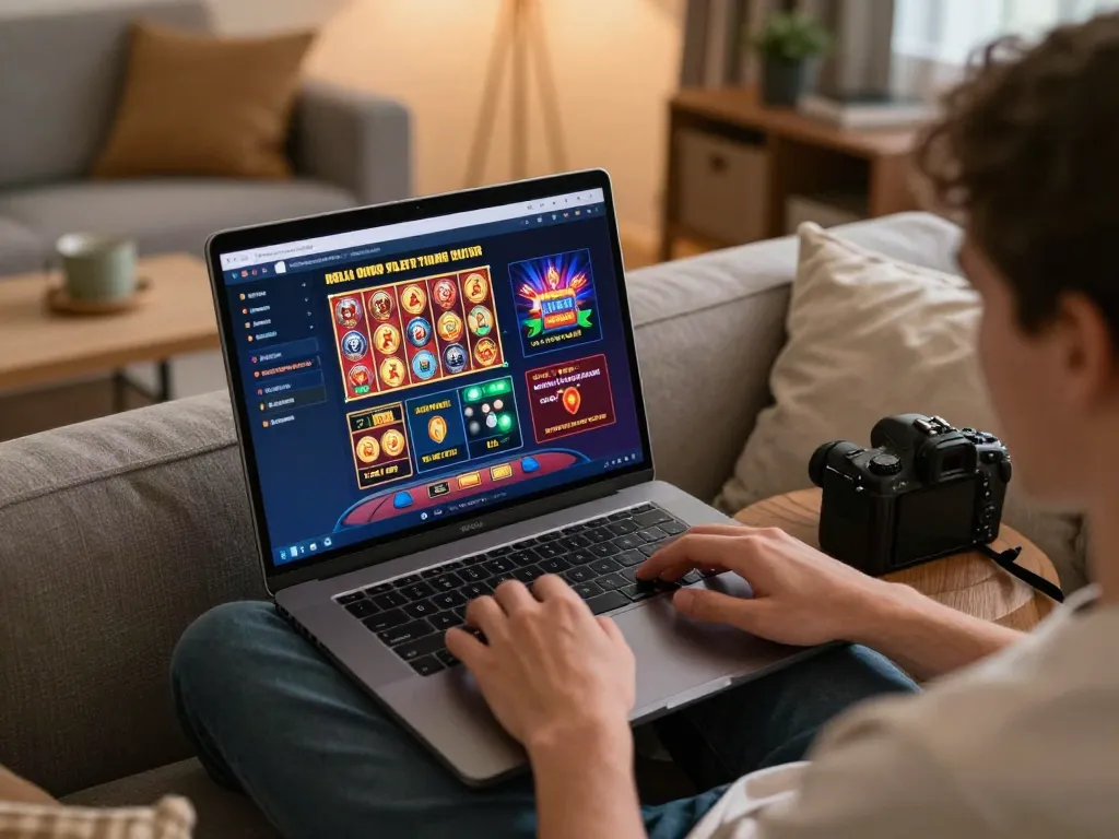 Engaging with F8BET online casino on laptop at home for a strategic gaming experience