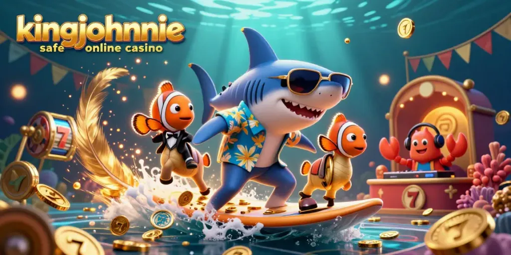 Experience excitement at kingjohnnie safe online casino with a vibrant underwater scene of playful characters and casino treasures.