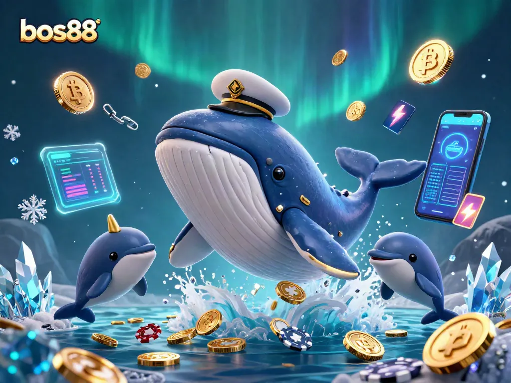 Experience the thrill with bos88 in a vibrant underwater casino play scene, filled with coins and crypto elements.