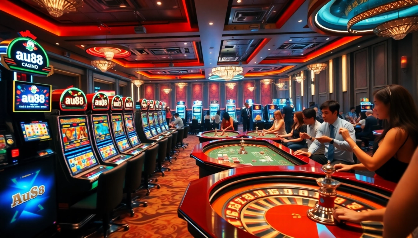 Players enjoying vibrant casino games at au88 with poker and slot machines.