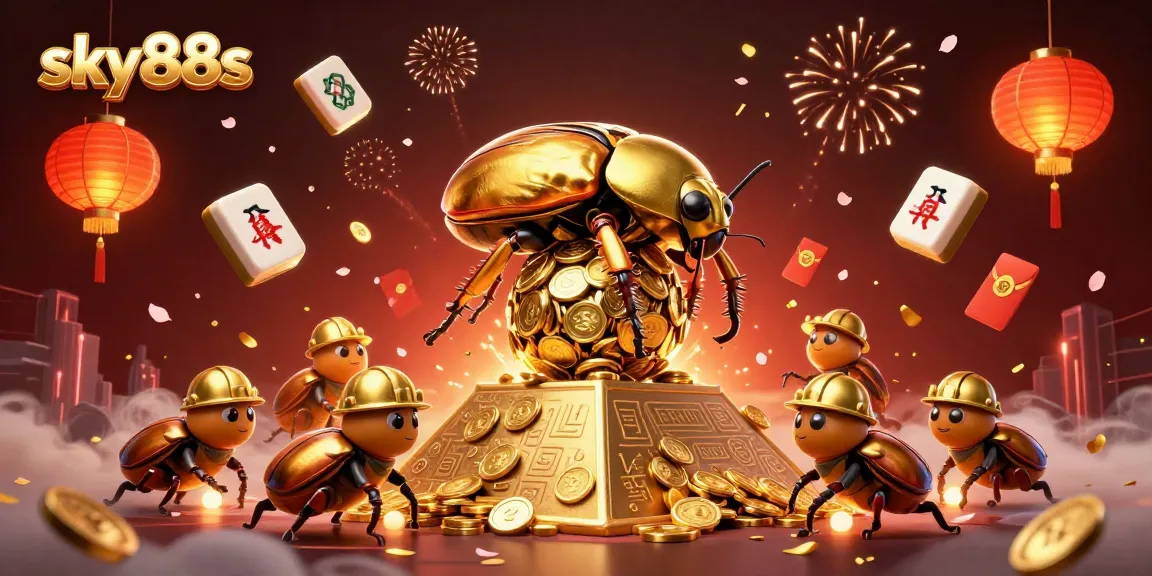 Engage in exhilarating action at sky88s as cartoon beetles roll gold coins in a vibrant casino-themed setting.