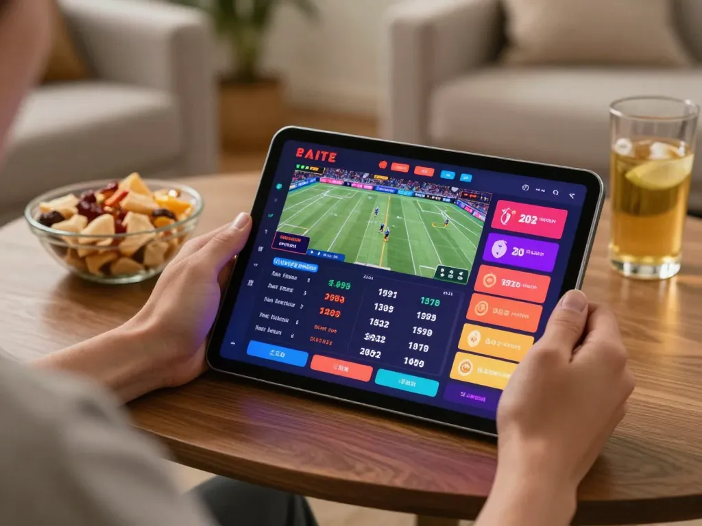 SHBET user placing strategic bets on sports event using mobile device in a cozy home setting