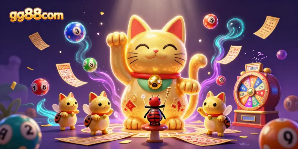 Experience the magic of gg88com with a vibrant illustration of a lucky cat and casino symbols.