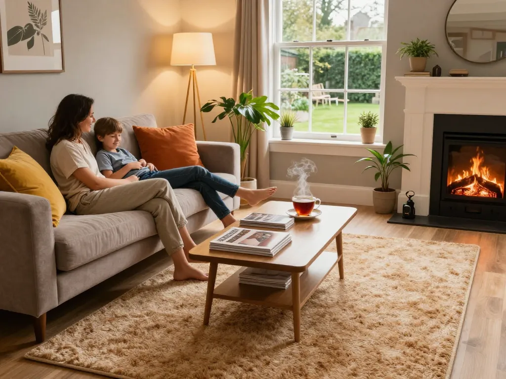 Cozy living room featuring affordable carpets London, family relaxing on a sofa with warm lighting and decor.