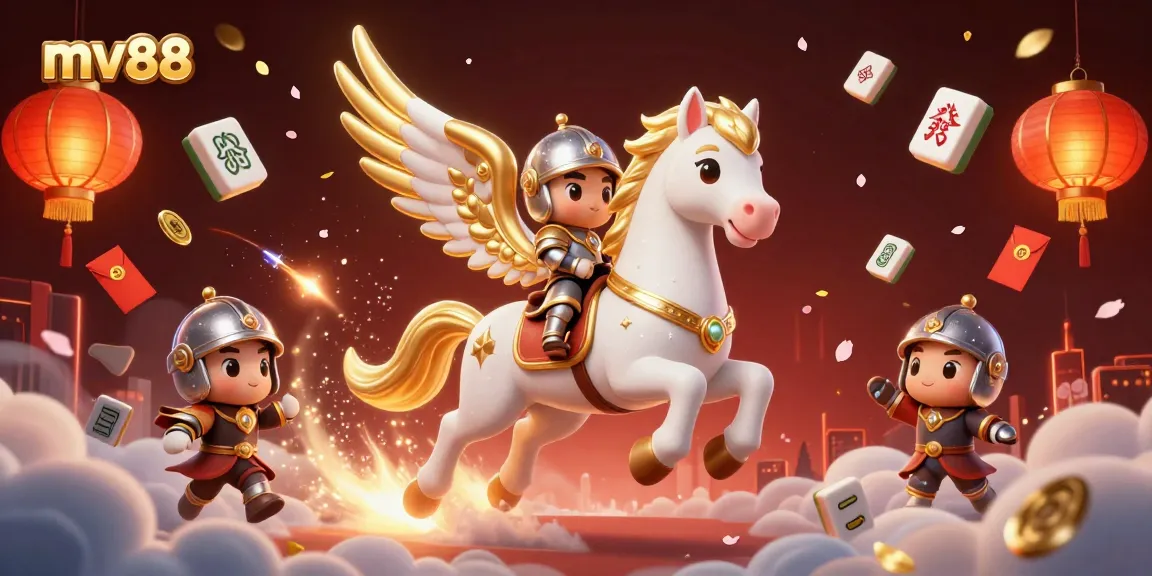Experience the thrill of mv88 with this vibrant 3D illustration of a celestial horse and knight in a casino-themed scene.