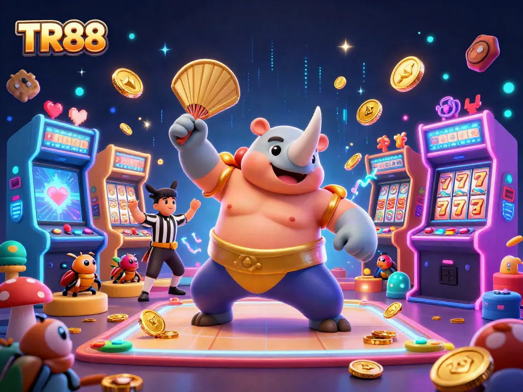 Experience TR88 action with a dynamic scene showcasing a rhinoceros beetle champion and vibrant casino elements.