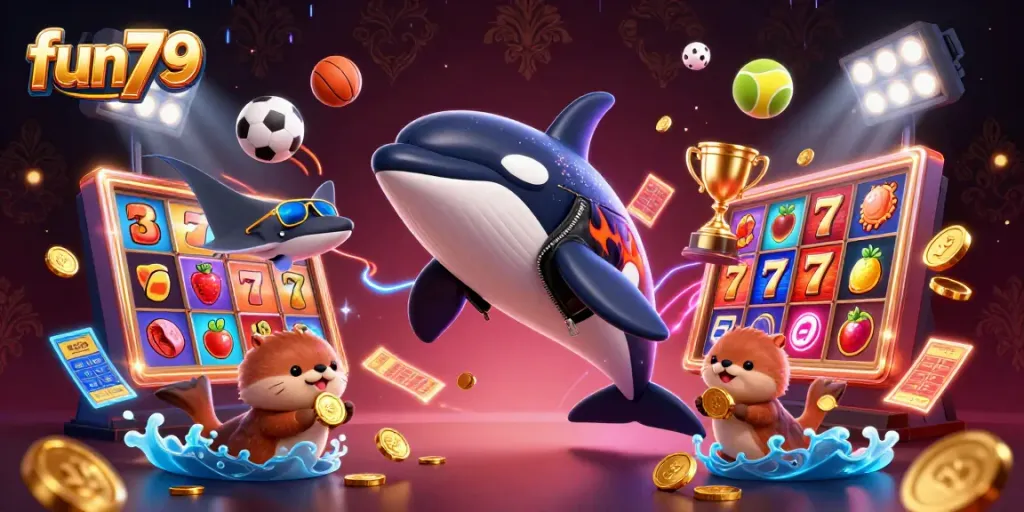 Join the fun79 adventure with a lively 3D illustration of a jumping orca and otters discovering treasures while engaging in exciting casino games.