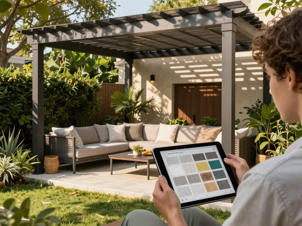 Customized pergola configurator design scene with tablet in outdoor space.