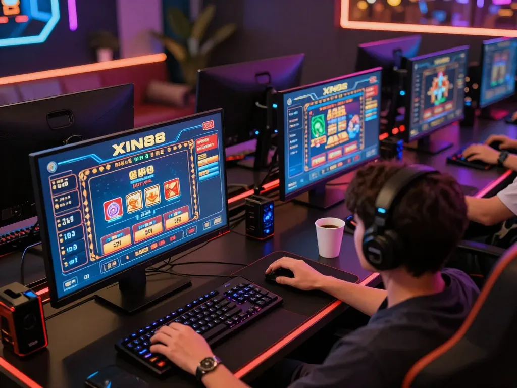 Player enjoying Xin88 online casino games on multiple screens in a modern gaming setup
