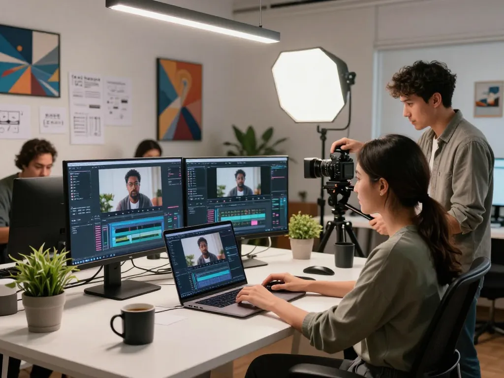 Creative workspace showcasing diverse creators using Seedance AI for video production with modern tools and vibrant environment.