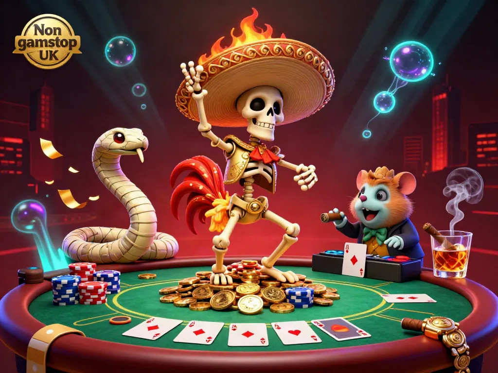 Experience the vibrant world of Non gamstop casinos UK with dynamic cartoon characters celebrating on golden coins.