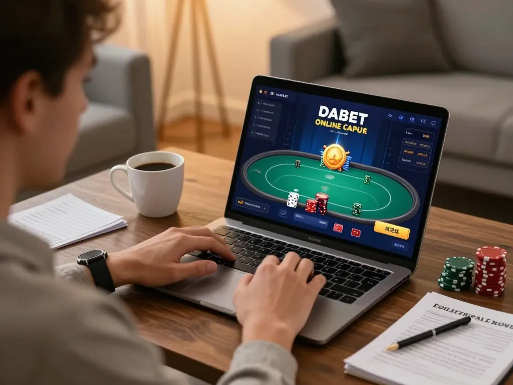 DABET online casino gaming scene with user engaged in strategic poker gameplay on a laptop at home.