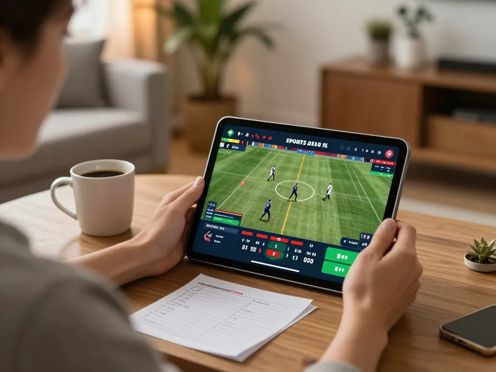 SIN88 user engaged in online sports betting using tablet with a live match displayed, creating an exciting atmosphere