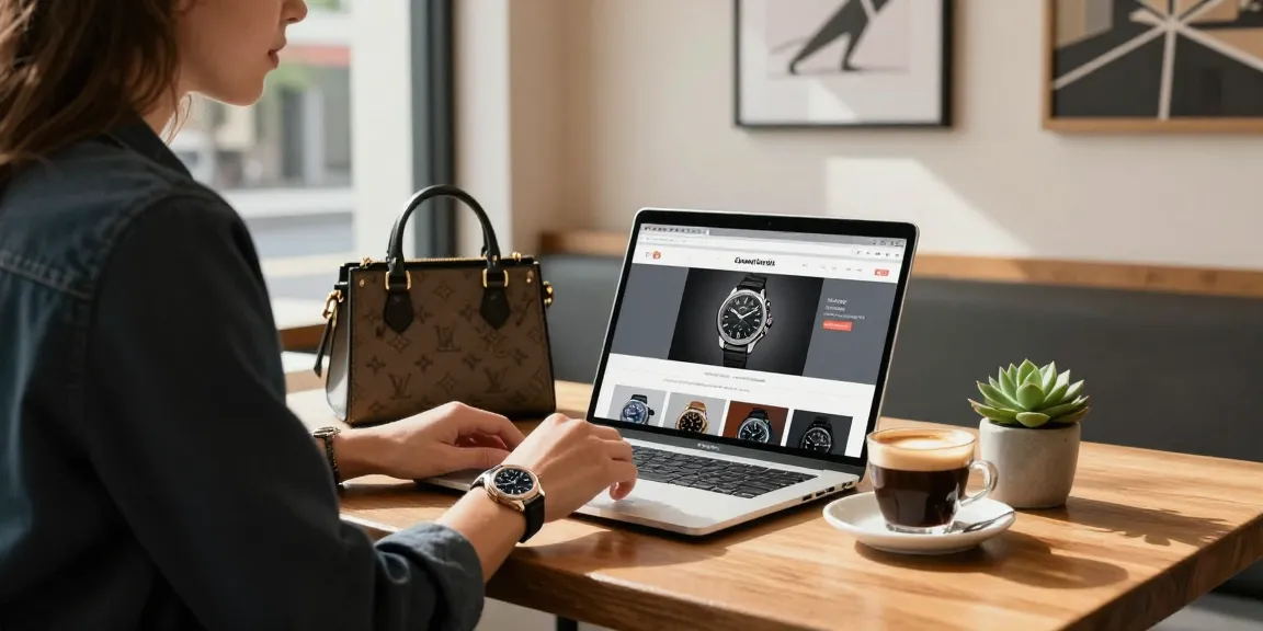Person admiring a stylish replica watch in a trendy café setting with natural light.