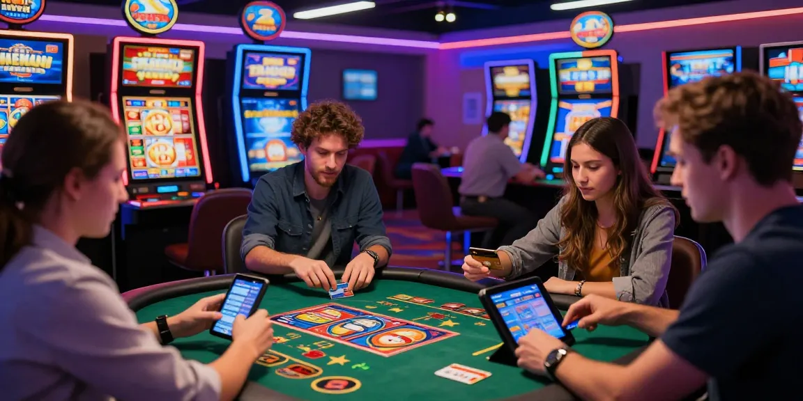 Exciting gaming atmosphere at a credit card casino featuring players using Visa and Mastercard at https://transact.org.uk, enjoying thrilling slot machines and table games.