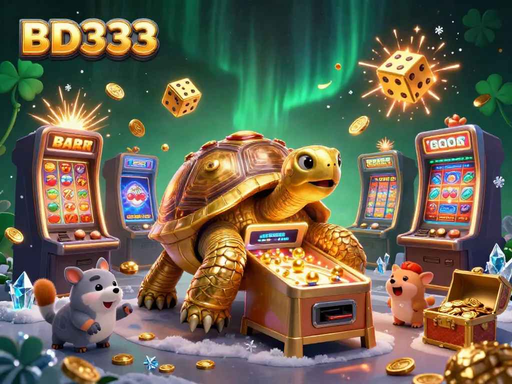 Experience the thrill of BD333 with a whimsical tortoise pinball machine amidst a jackpot explosion and vibrant casino elements.