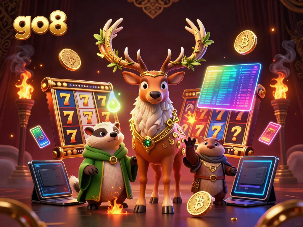 Engage in thrilling gameplay with the go8 platform featuring vibrant slot reels, druid stag, and Bitcoin coins.