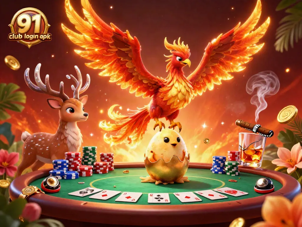 Engage with the thrilling 91 club login apk in this vibrant scene featuring a phoenix and poker elements.
