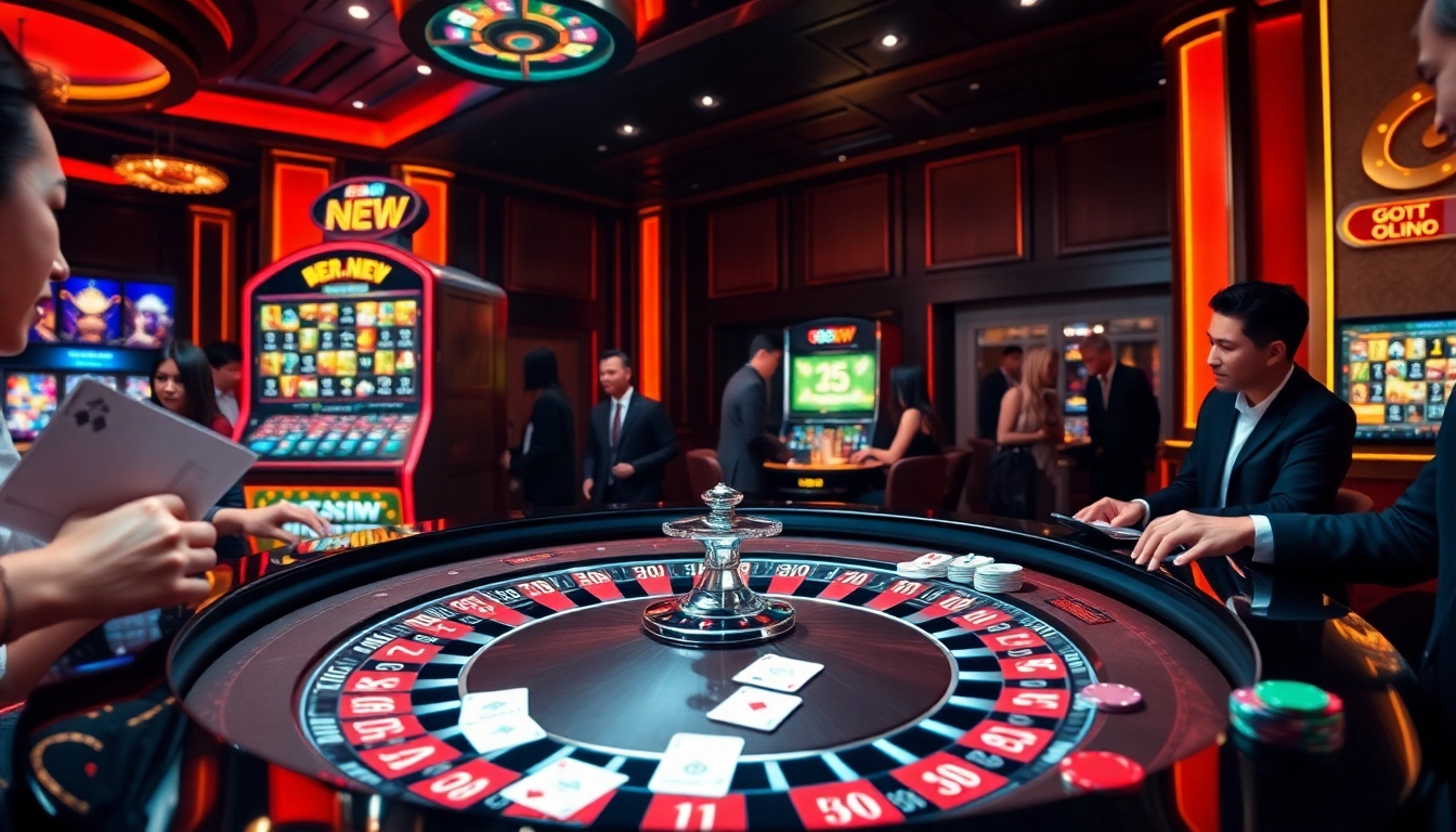 Experience the thrill of 888NEW with players at a roulette table, colorful chips, and vibrant slot machines.
