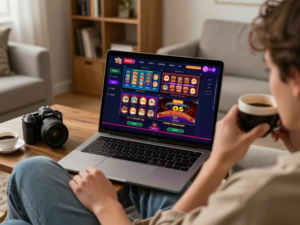 Engaging online gaming session on laptop with 88clbgo, displaying colorful casino games in a cozy home setting.