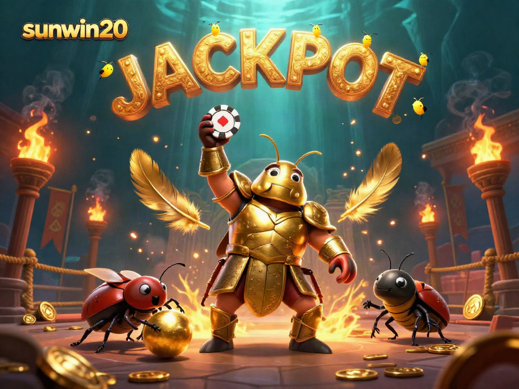 Celebrate wins with sunwin20, showcasing a victorious cartoon beetle in a dynamic casino scene.