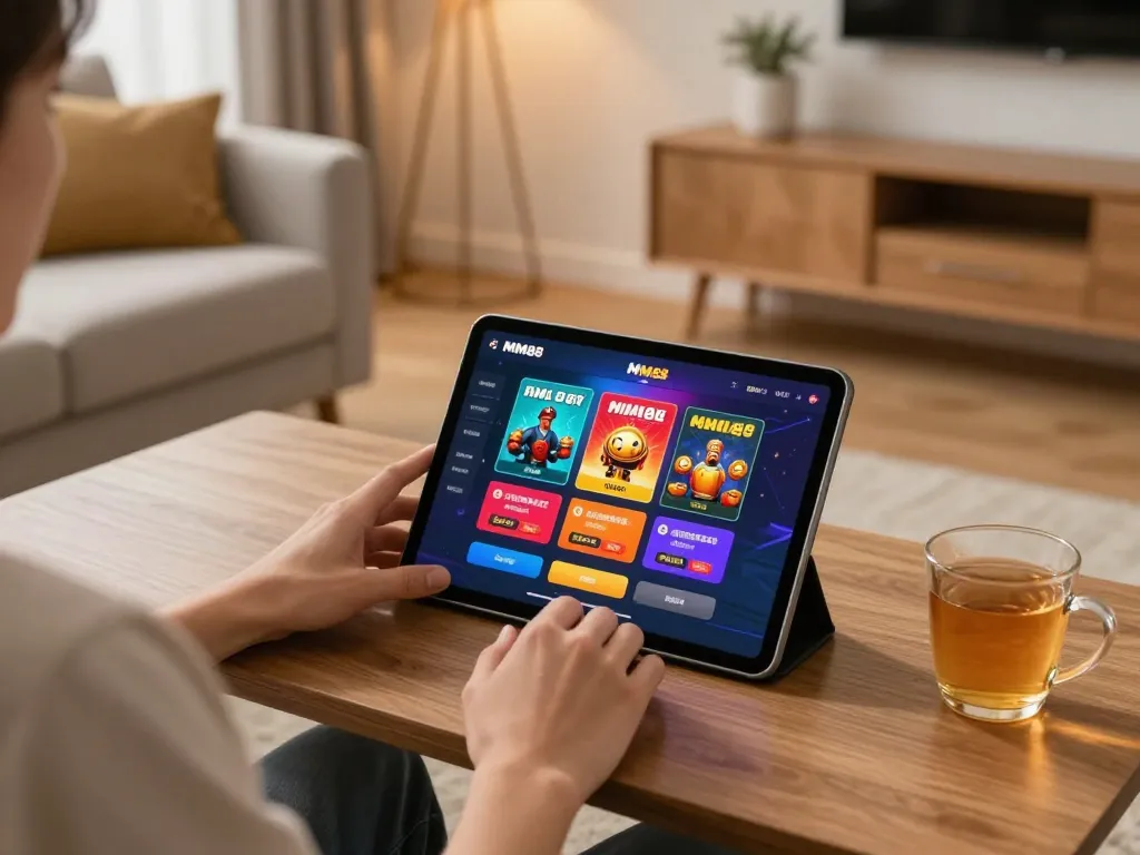 Engaging with the MM88 casino app on a tablet in a cozy home setting, showcasing strategic online gaming.