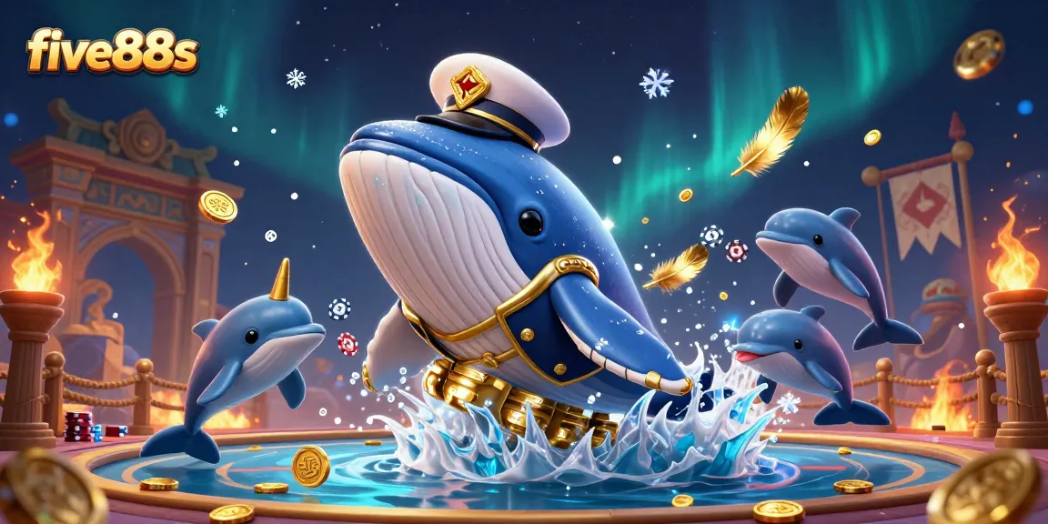 Experience excitement at five88s with a whale breaching in gold coins, playful dolphins, and narwhal action.