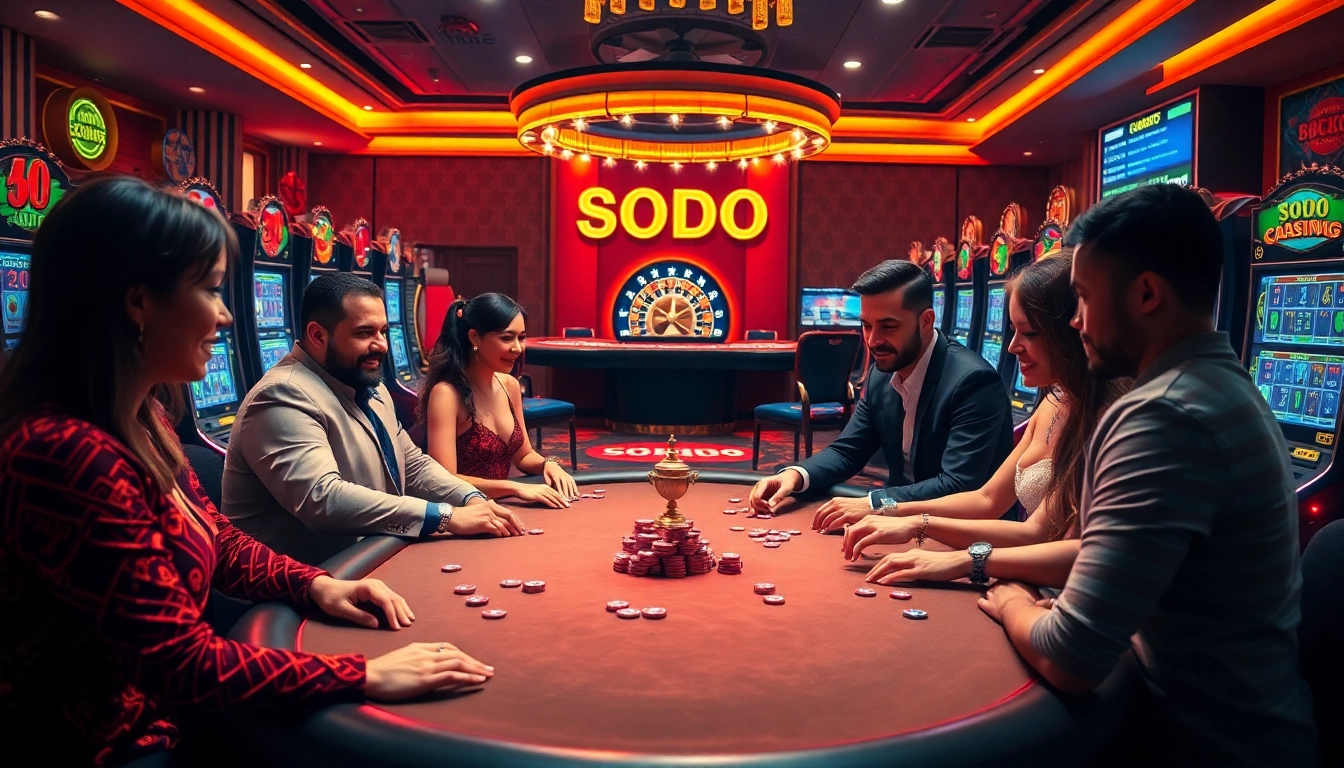 Experience the thrill of SODO CASINO with players at vibrant poker tables and exciting slot machines.