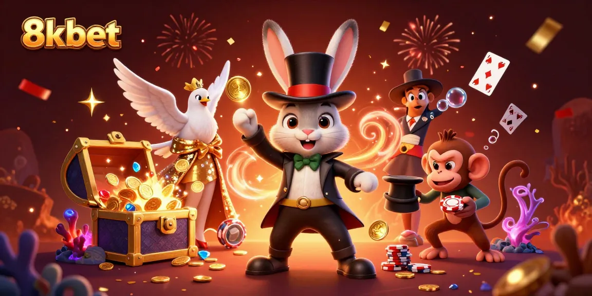 Experience magic and luck with 8xbet's thrilling gaming scene featuring cartoon characters and vibrant casino elements.