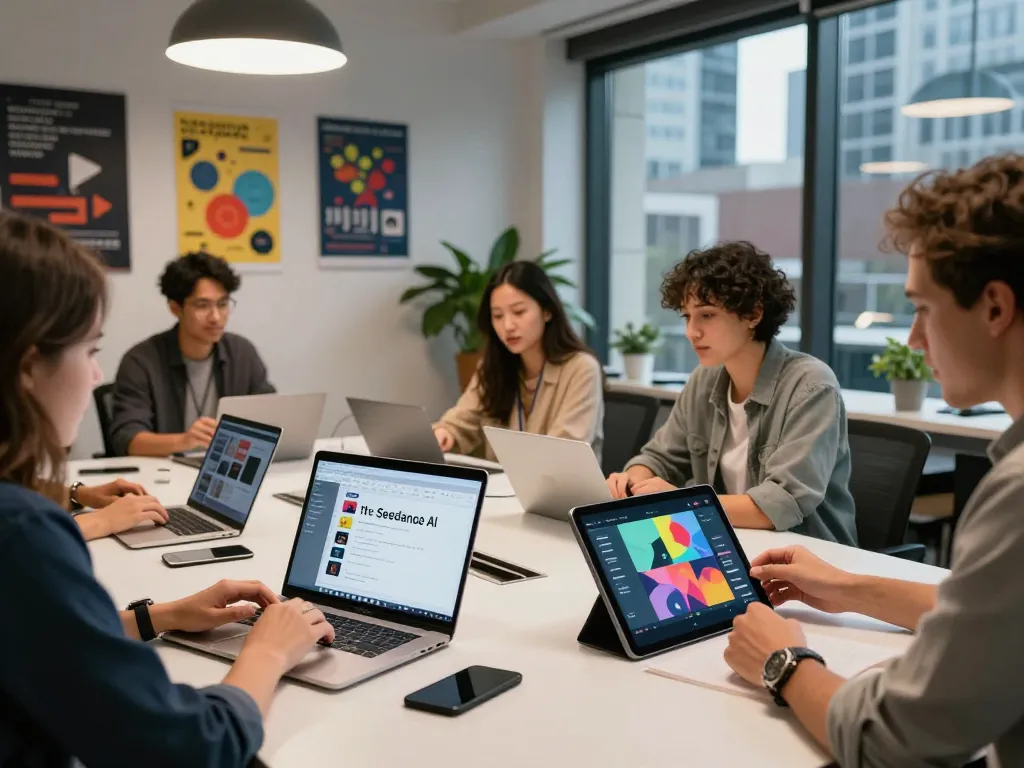 Team using seedance ai in modern office setting for AI video projects.
