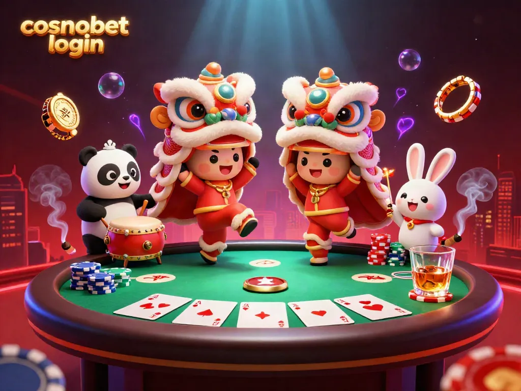 Experience the excitement of cosmobet login with a colorful casino scene featuring a joyful lion dance and poker elements.