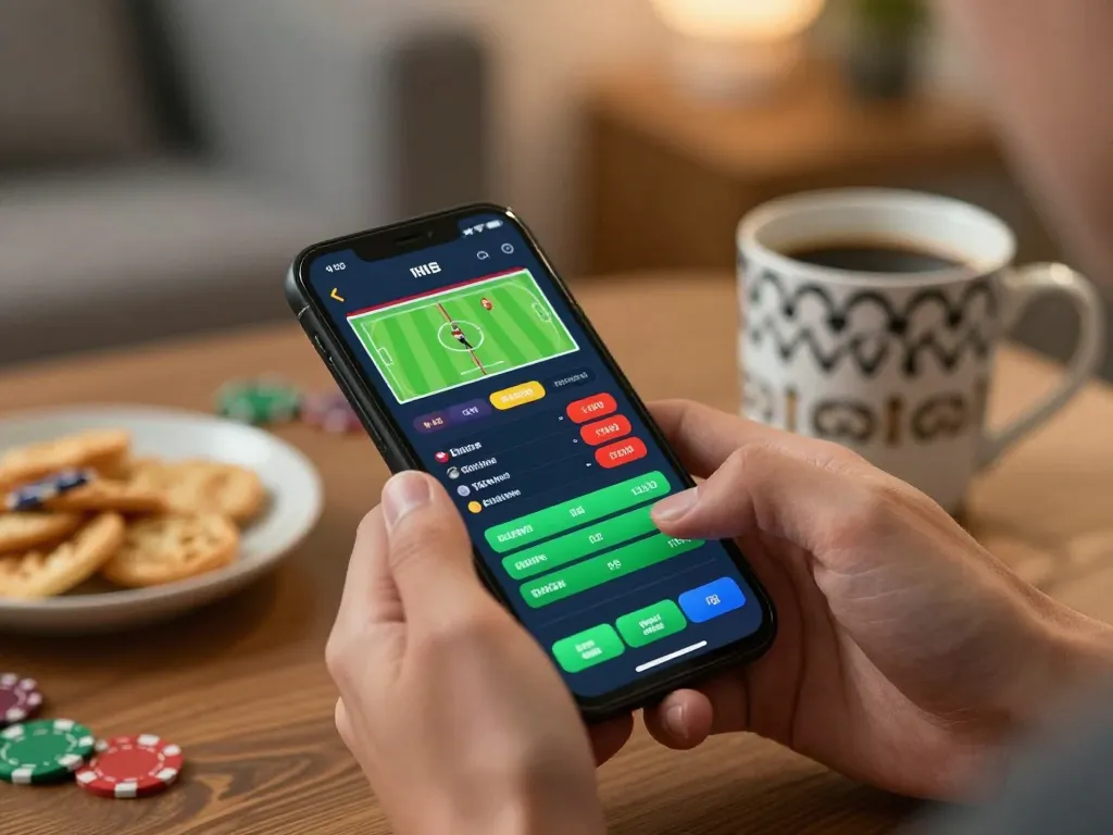 PH22 mobile gaming action with a person using a smartphone for sports betting in a cozy home environment.