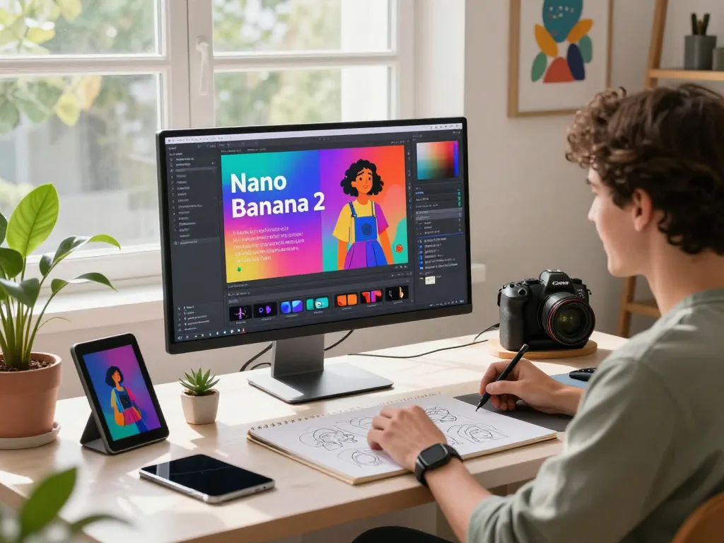 A user engaging with the nano banana 2 AI image editor, showcasing vibrant creativity in a modern workspace.