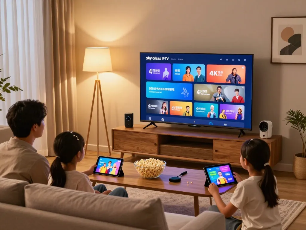 Sky glass IPTV family streaming experience with 4K clarity in a cozy living room.